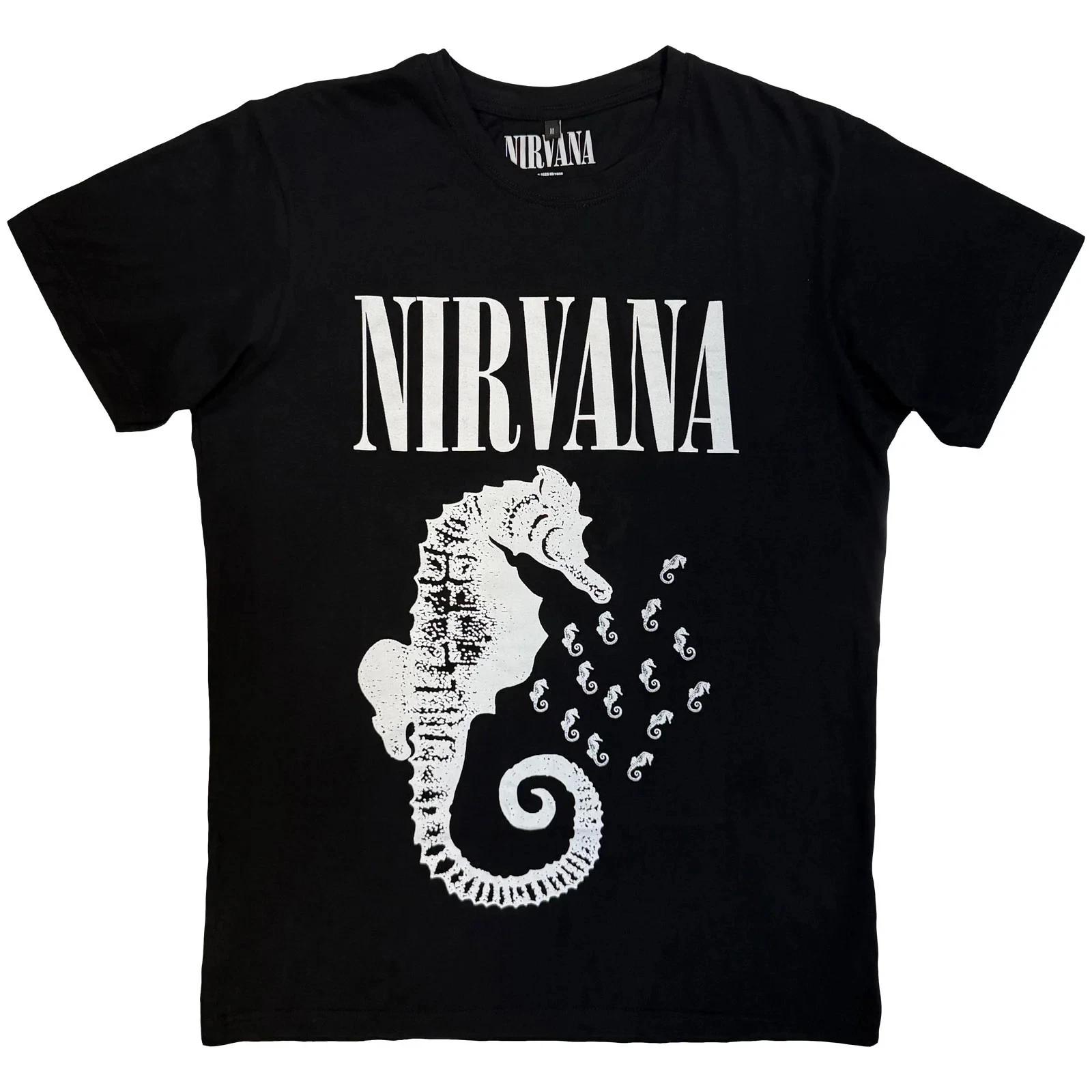 Nirvana Carbon T-Shirt: Seahorse & Logo Mono (Black) OFFICIAL NEW M