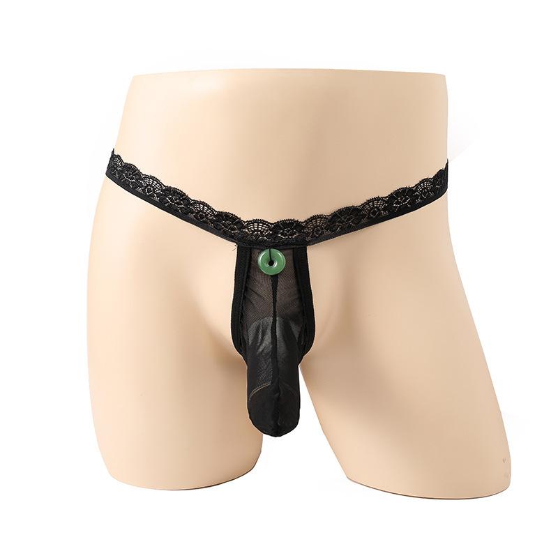 Mens Lingerie Thong Open Elephant Thong Safety Button Underwear Low Rise G-String Mesh See Through Long Penis Sheath Panties