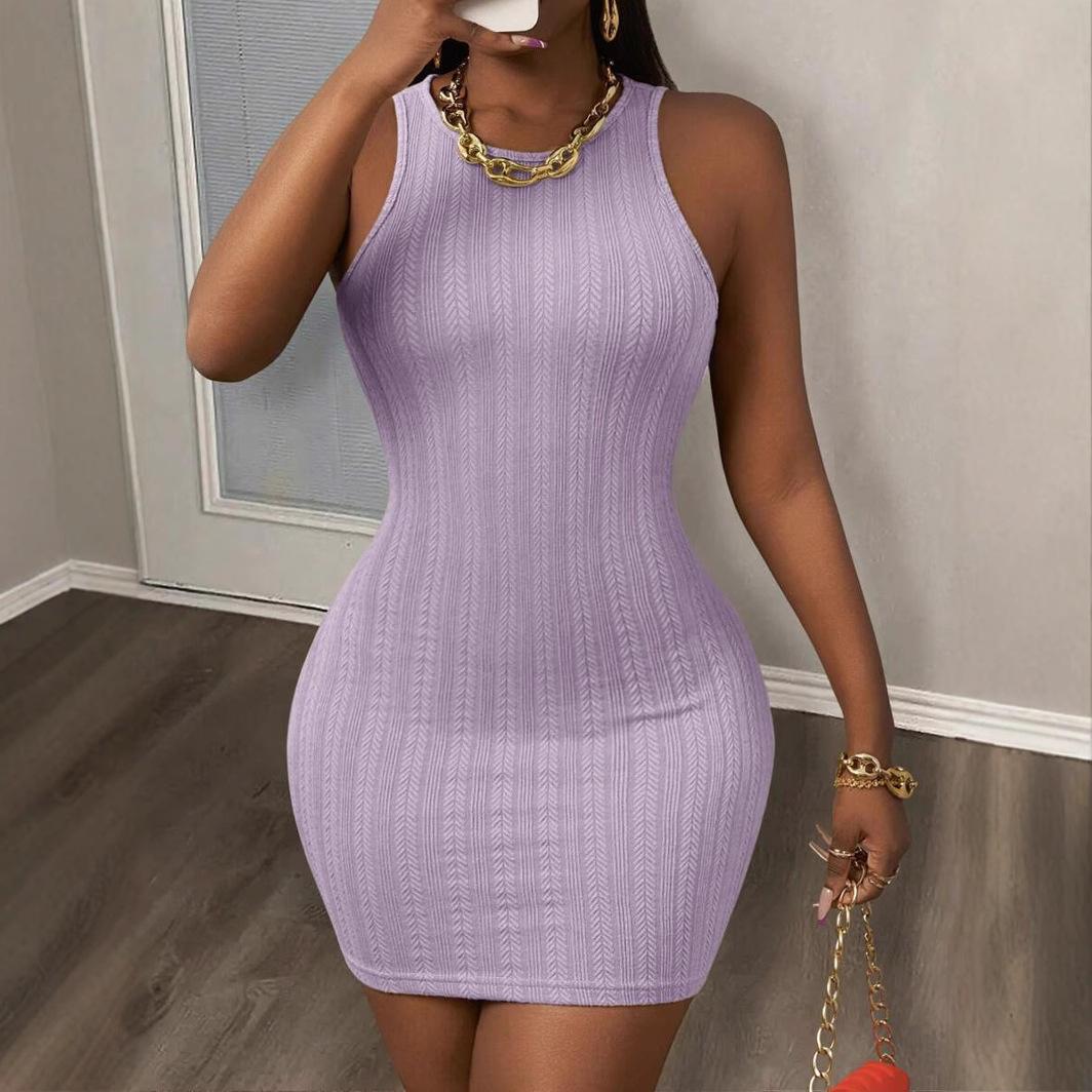 

Женское летнее однотонное облегающее мини-платье без рукавов с круглым вырезом XXL фиолетовый