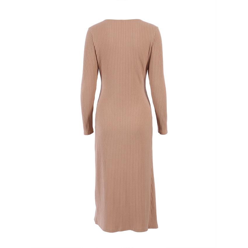 Geteiltes, solides Strickkleid, langärmelig, Khaki, gerippt, lässige Damenkleider, Midi-Damen, figurbetontes Kleid
