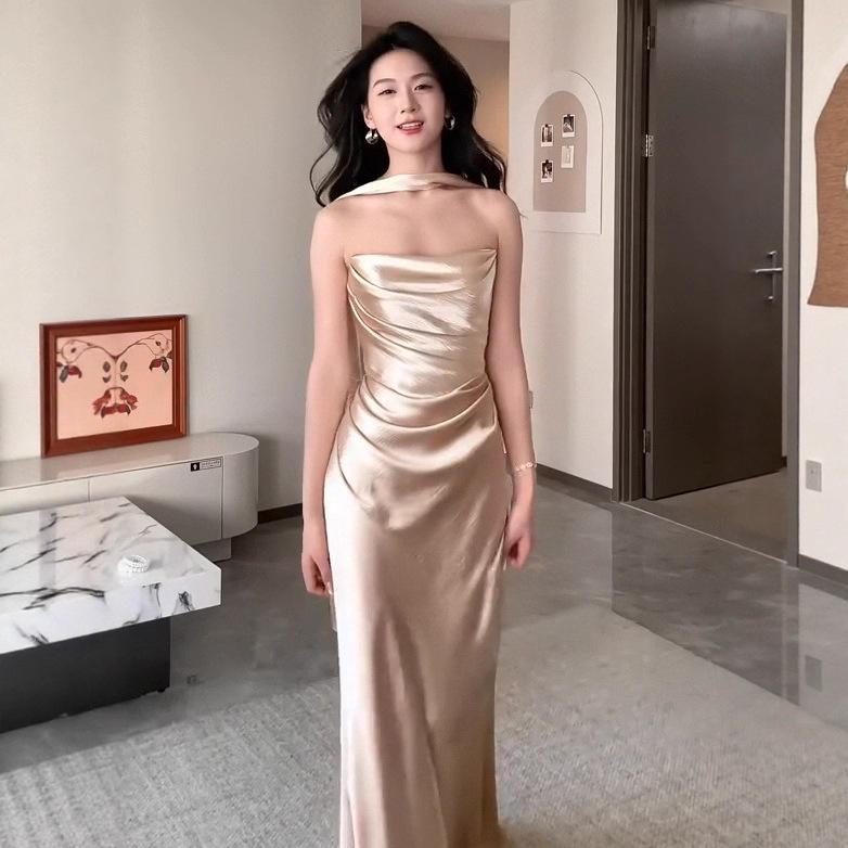 2025 Summer Elegant European & American Women's Strapless Long Sleeve Slim Evening Gown