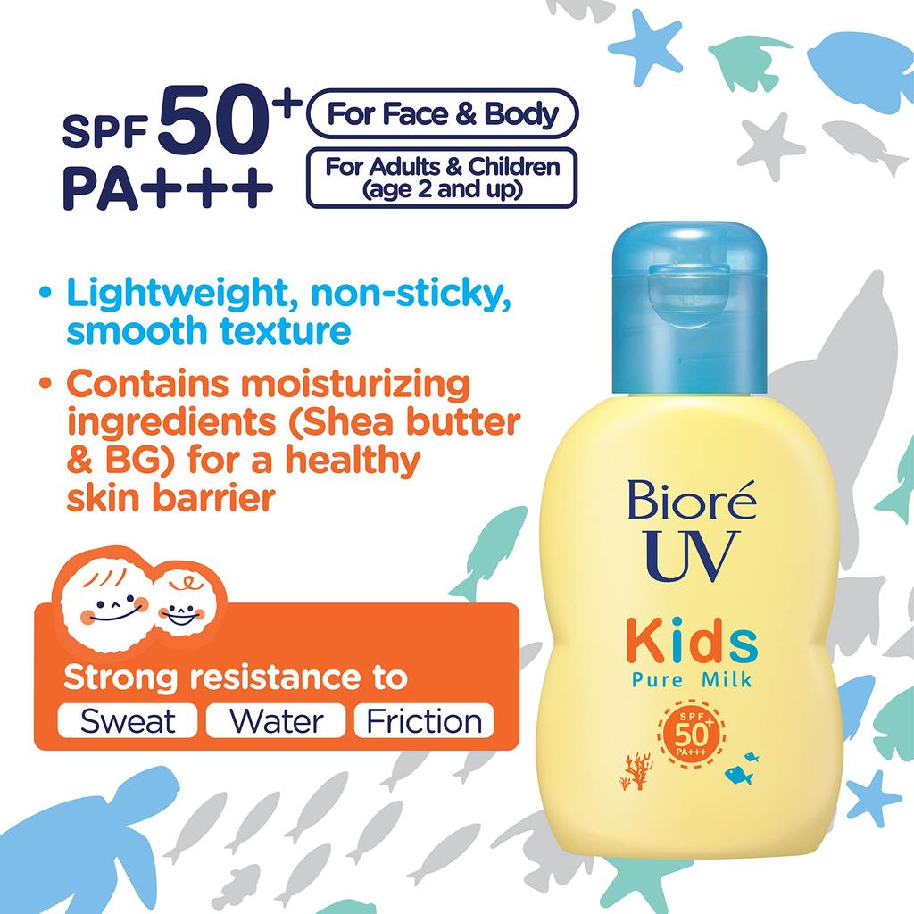 Biore UV Kids Pure Milk Sunscreen 70ml SPF50 A UV Protection Formula with No UV Protecting with a Mineral / PA+++ Fragrance-free Kids' Absorbers,