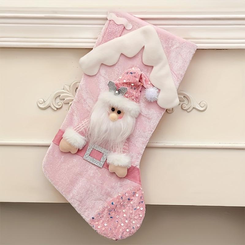 Festive Santa Claus Reindeer Christmas Stocking Pouches Pink Cartoon Roof Design with Santa Hat Scarf, Christmas Decorations