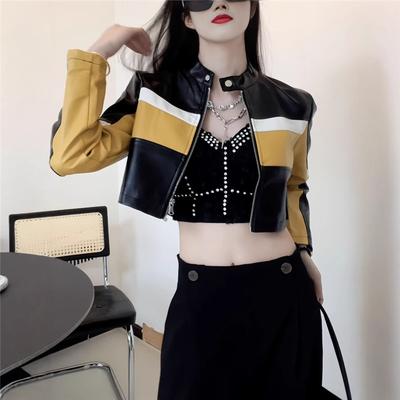 Veste de moto sexy européenne américaine en cuir PU épissé à col montant coupe slim courte veste de motard costume de cyclisme pour femmes