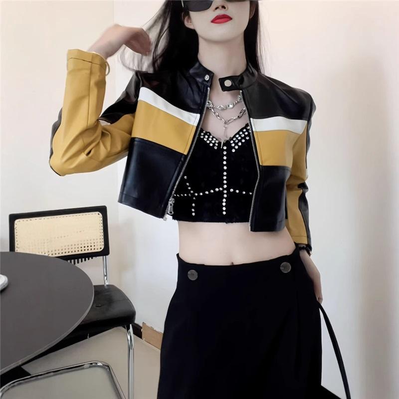 

Куртка мотоциклетная из искусственной кожи, комбинированная, в европейско-американском стиле, сексуальная, со стойкой, облегающая, короткая, байкерская, костюм для езды на велосипеде для женщин S жёлтый