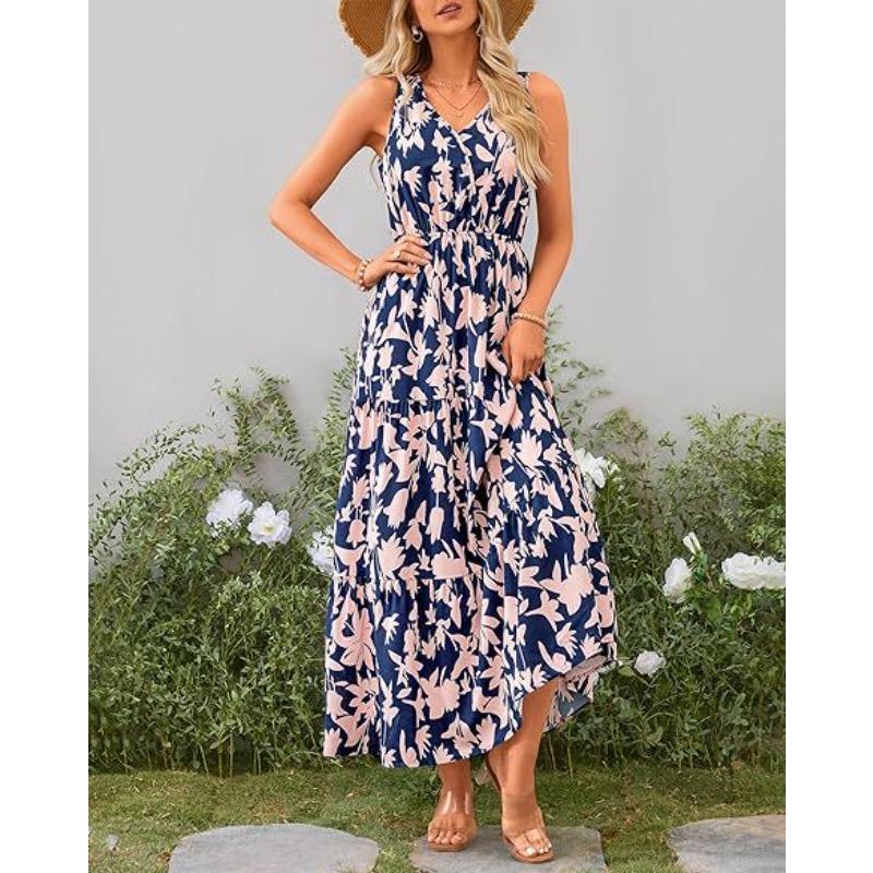 2025 Popular Women's V-neck Elastic Waist Casual Sleeveless Printed Dress