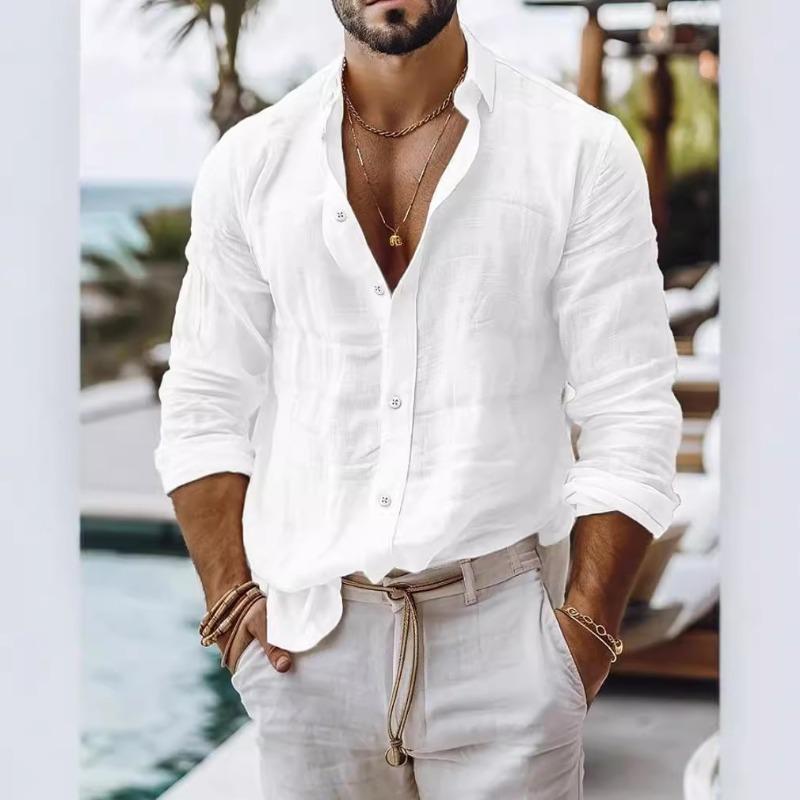 Pánská jednobarevná košile z bavlny a lnu, ležérní styl, dlouhý rukáv, business casual košile