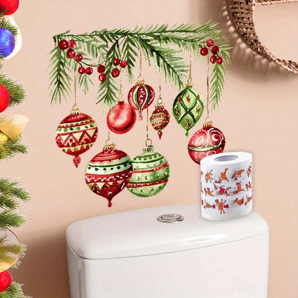 Reusable Christmas Toilet Decoration Sticker, Bathroom Wall Decal, PVC Removable & Decorative Sticker with Colorful Ornaments and Greenery for Wall