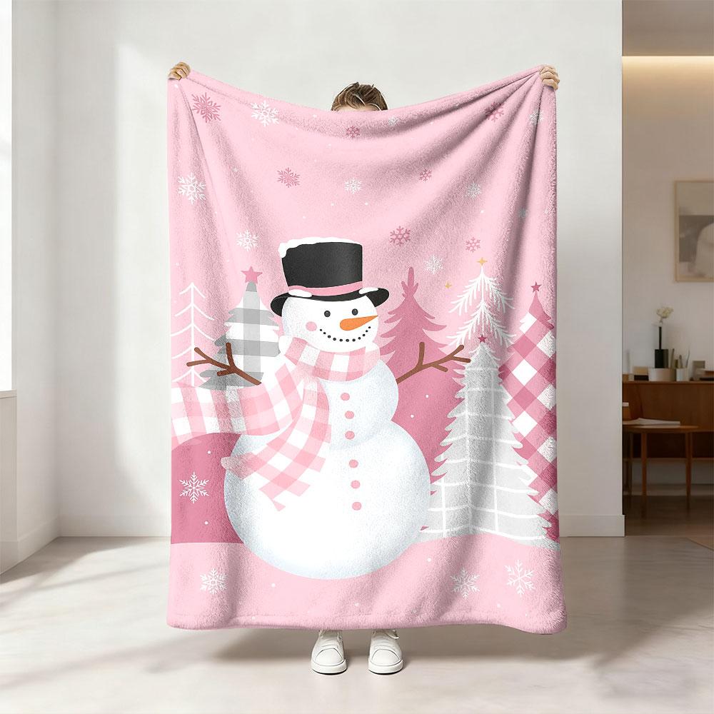 1pcs 230g Flannel Blanket with Pink and White Plaid Pattern Snowman Design Pink Christmas Tree Snow Scene Soft To Wear