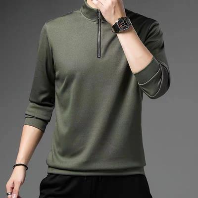 Maglietta da uomo a maniche lunghe con colletto alto e mezza cerniera, con possibilità di girare il colletto, tinta unita, atmosfera, maglietta coordinata primavera autunno