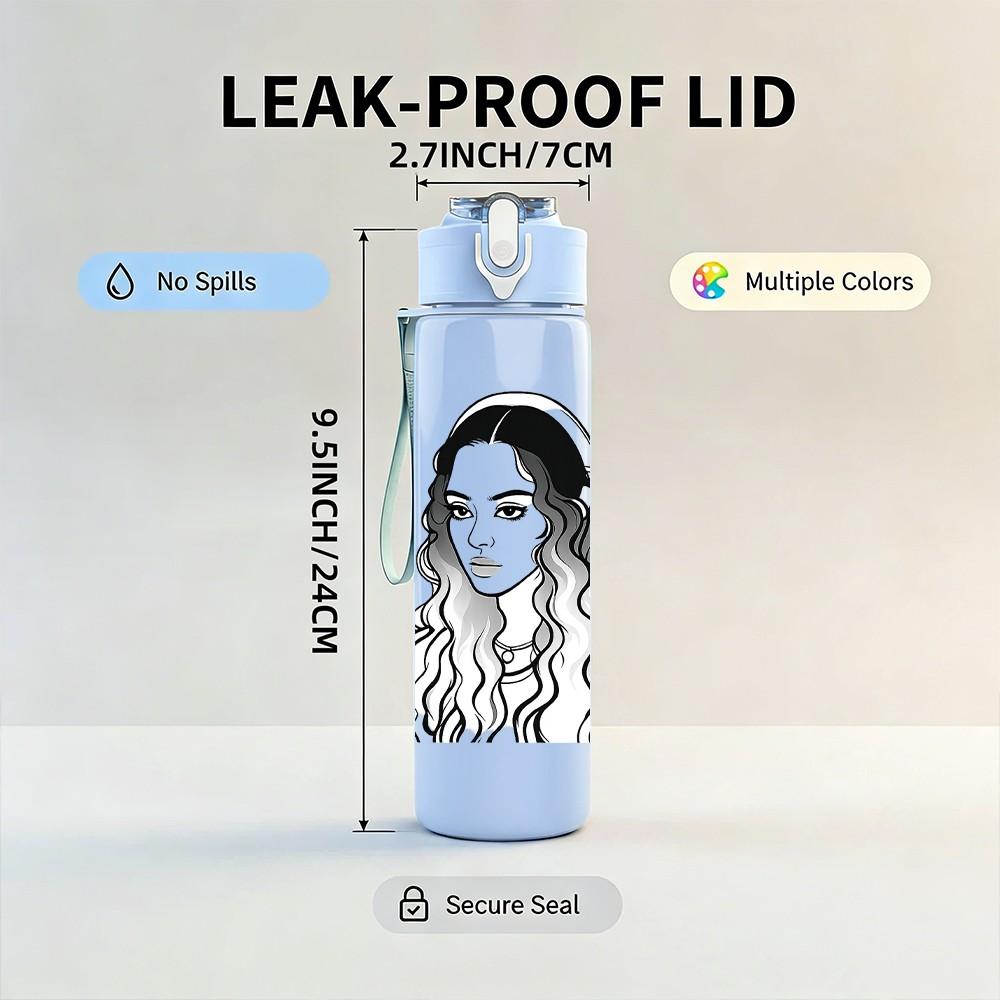 1PC Sketch Curly Hair Lady 750ml Color Plastic Sports Water Bottle Leakproof Flip Straw Lid Suitable for Sports Office Home Use