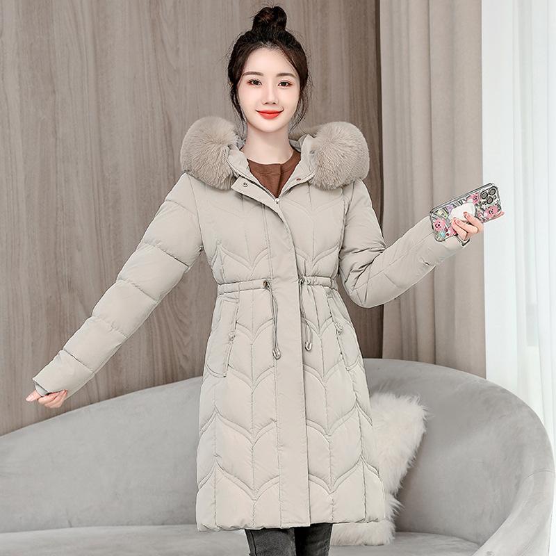 Jachetă căptușită cu bumbac Haine de iarnă pentru femei cu guler mare de blană și puf Nouă Groasă Lungă Coreeană Talie Jachetă căptușită cu bumbac.