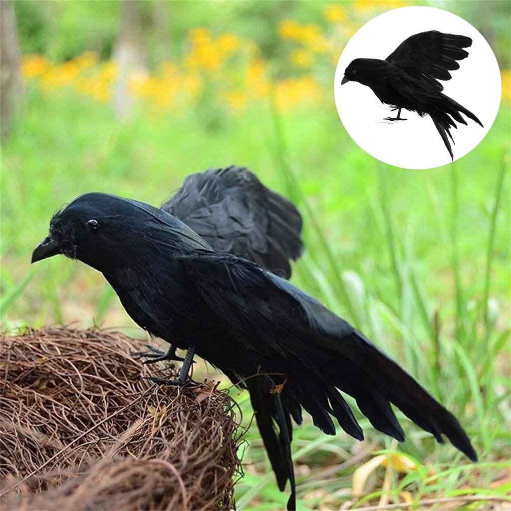 1Pack Halloween Crow Decorations, Realistic Handmade Black Feather Crows Prop Ravens for Outdoors Indoors Halloween Decor
