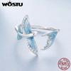 WOSTU 925 Sterling Silver Flying Fish Adjustable Open Ring Ocean Blue Enamel Mermaid Tail Adjustable Rings Vacation Jewelry