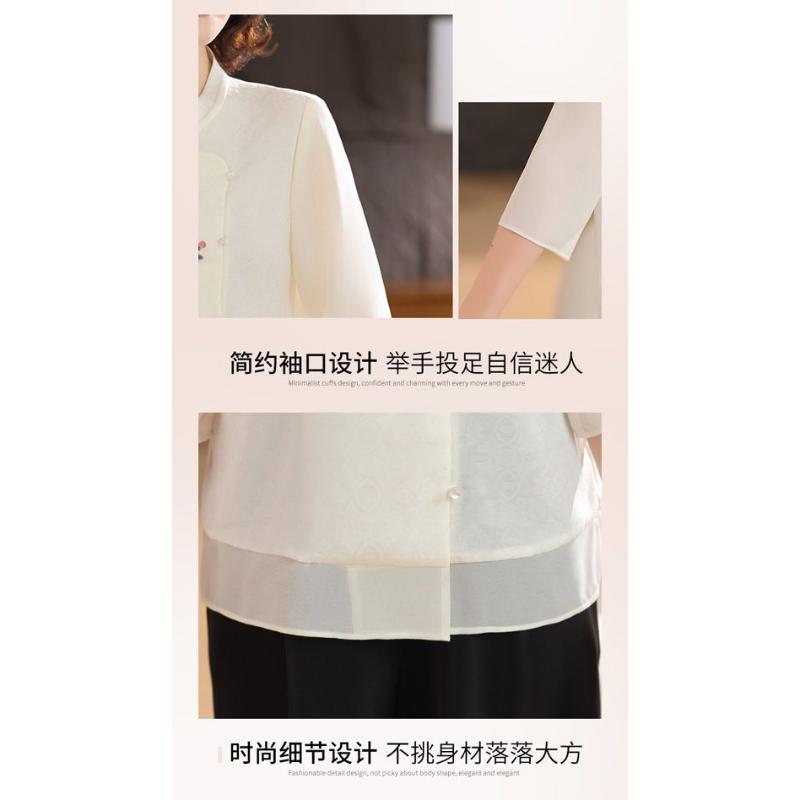 Women's Chinese Style Embroidery Blouse Mandarin Collar 3/4 Sleeve Asymmetric Button-Up Casual Top for Middle-Aged