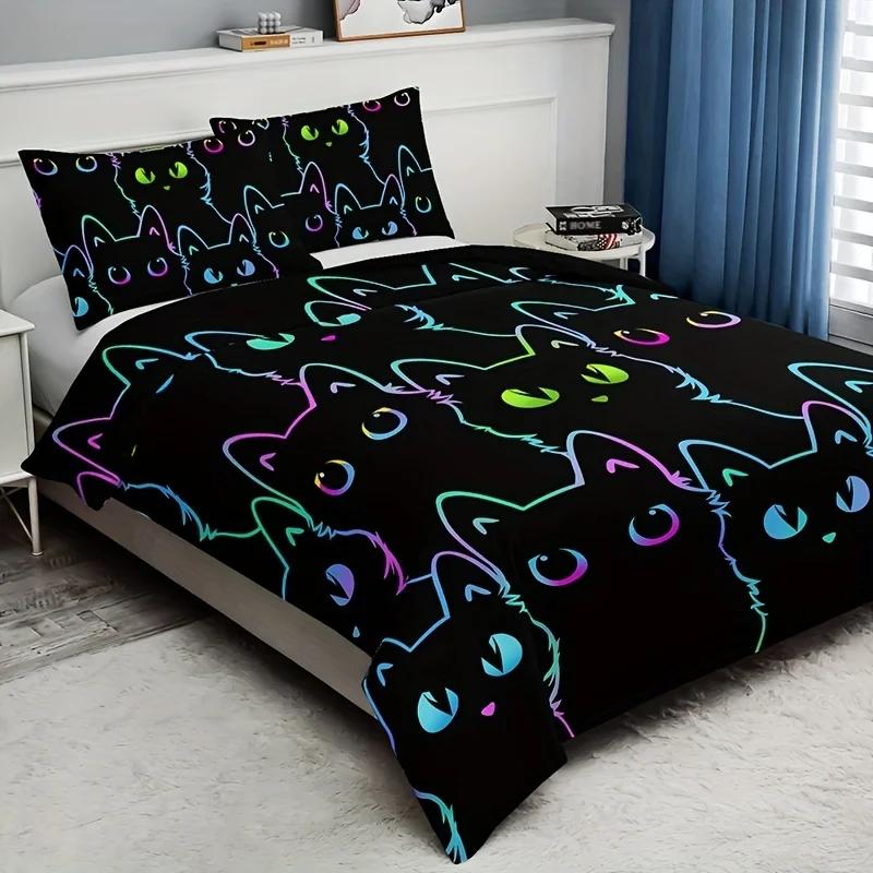 Cute Black Duvet Cover Set Color Cat Print Bedding Set Soft Comfortable Breathable Duvet Cover For Bedroom Decor
