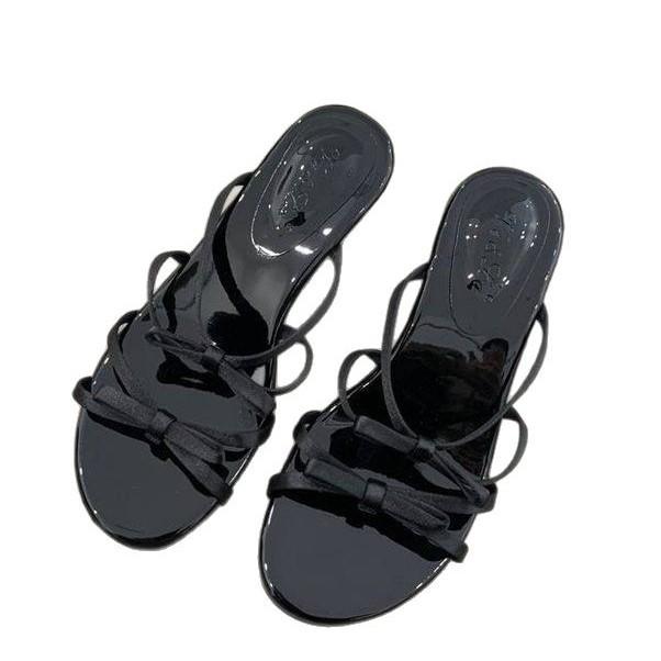 Soft Leather Version~ New Gentle Slope Heel Beautiful Outer Wear Cool Slippers Women's Thick Bottom One Pedal Bow Open-toed Sandals