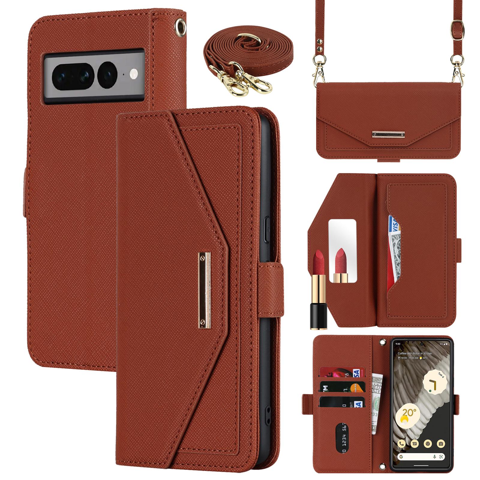 

Чехол-подставка для Google Pixel 7 Pro 5G, кошелек из искусственной кожи с крестообразной текстурой, чехол для телефона с плечевым ремнем/зеркальцем для макияжа Brown