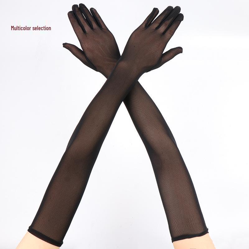 55cm Schwarze Seidennetz-Spitzenhandschuhe für Damen: Hochelastische, Sexy, Atmungsaktive Sonnenschutz-Handstulpen