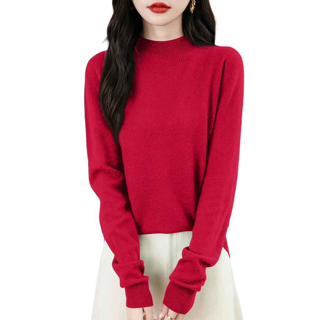 Women's Fashion Flat-Knit Half-Turtleneck Pullover Sweater Solid Color Long-Sleeve Top