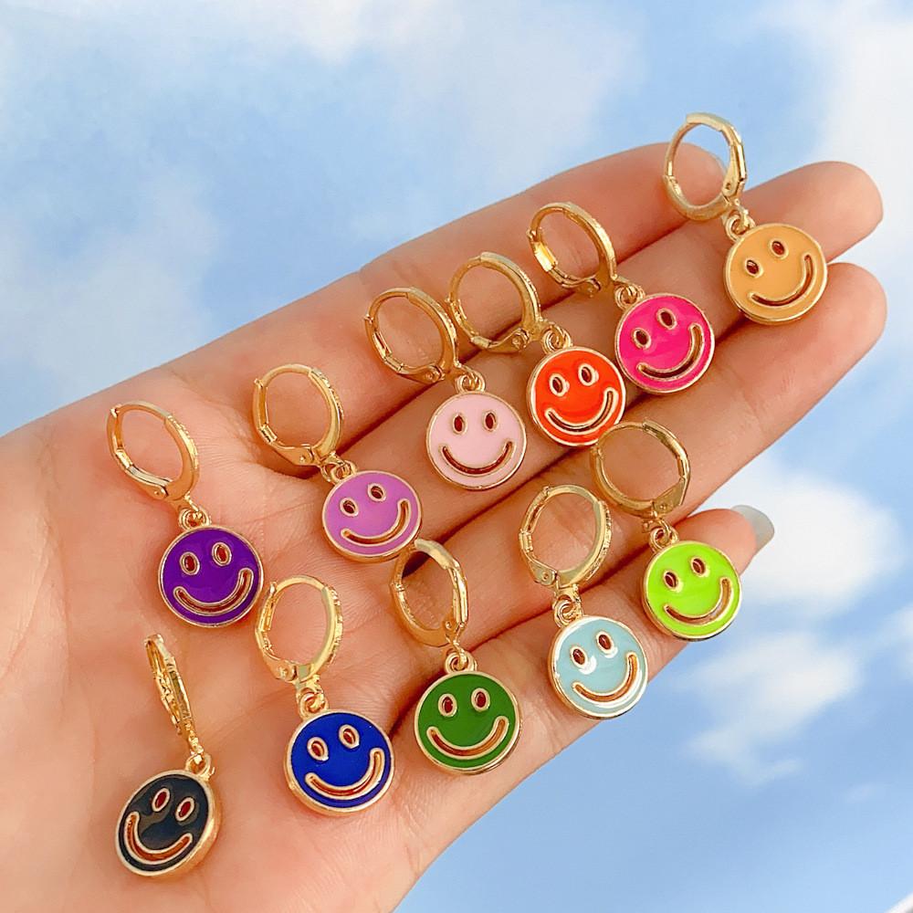 Stylish Smiley Face Earrings Colorful Alloy Geometric Shapes Perfect Gift