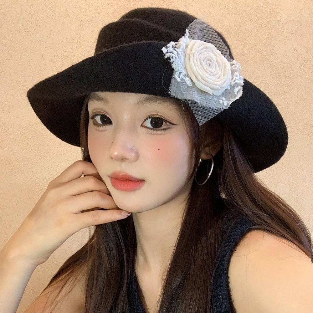 Lace Black Knitted Hat French Style Women Fisherman Hat Retro Hepburn Style Topper Hat Funeral