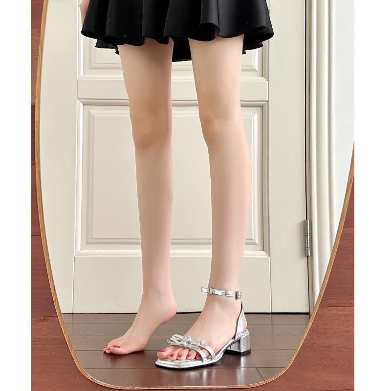 

Summer new thick heel with buckle silver rhinestone sandals women s bow high heels 34