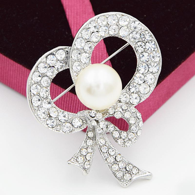 Elegant Women s Crystal Rhinestone Pearl Bow Brooch B881 Zhenyao Jewelry