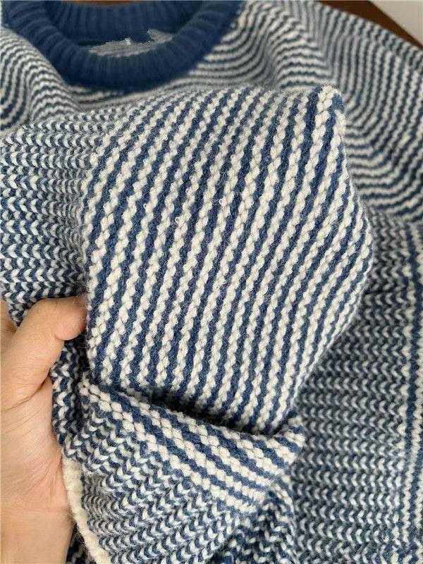 Korean retro contrasting striped blue sweater women's loose lazy high-end casual thickened knitted top