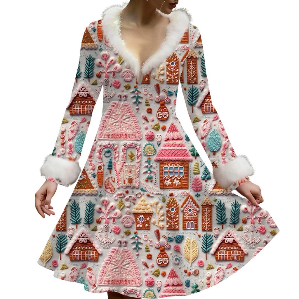 Women's Casual V-neck Christmas Print Plush Long-Sleeve Casual Dress