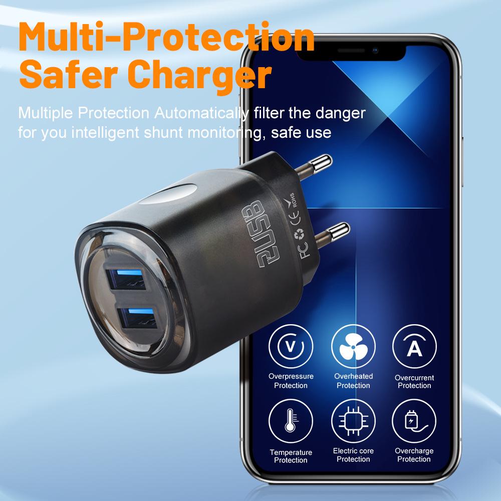 Dual USB Phone Charger 2.4A, 2-Port US/EU Travel Adapter