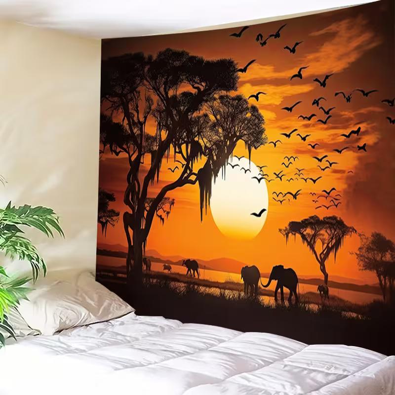 

2D Orange Sky Savannah Tapestry, African Elephant & Tree Silhouette Wall Tapestry, Bohemian Room Decor 47.2x31.5inch/120*80cm