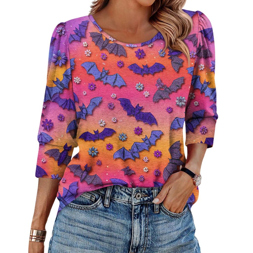 Women's Fashionable Casual Round Neck Seven Quarter Sleeve Halloween Printed Bubble Sleeve Top
