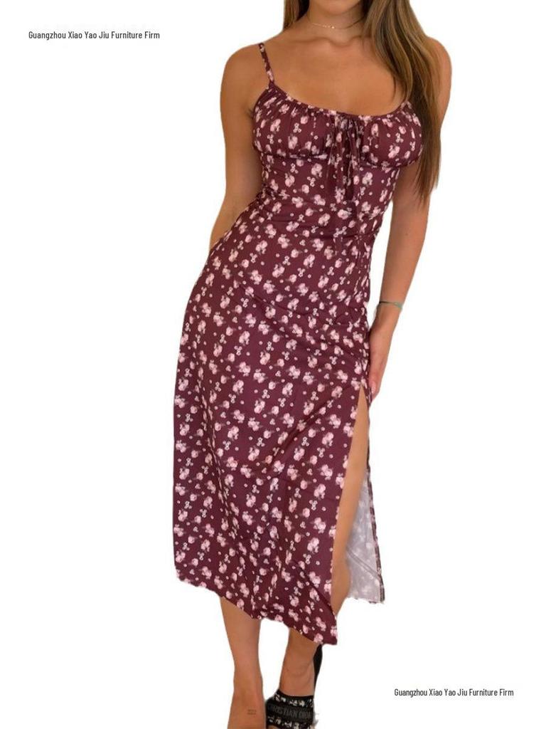 2026 Spring European & American Women's Sexy Printed Lace-up Slit Camisole Dress