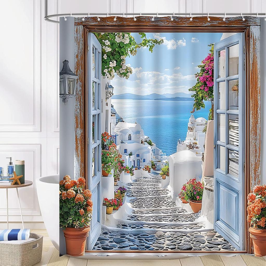 Greek Alley Shower Curtain Whitewashed Walls Terracotta Pots Flowers Polyester Machine Washable With 12 Hooks For Bathroom Decor