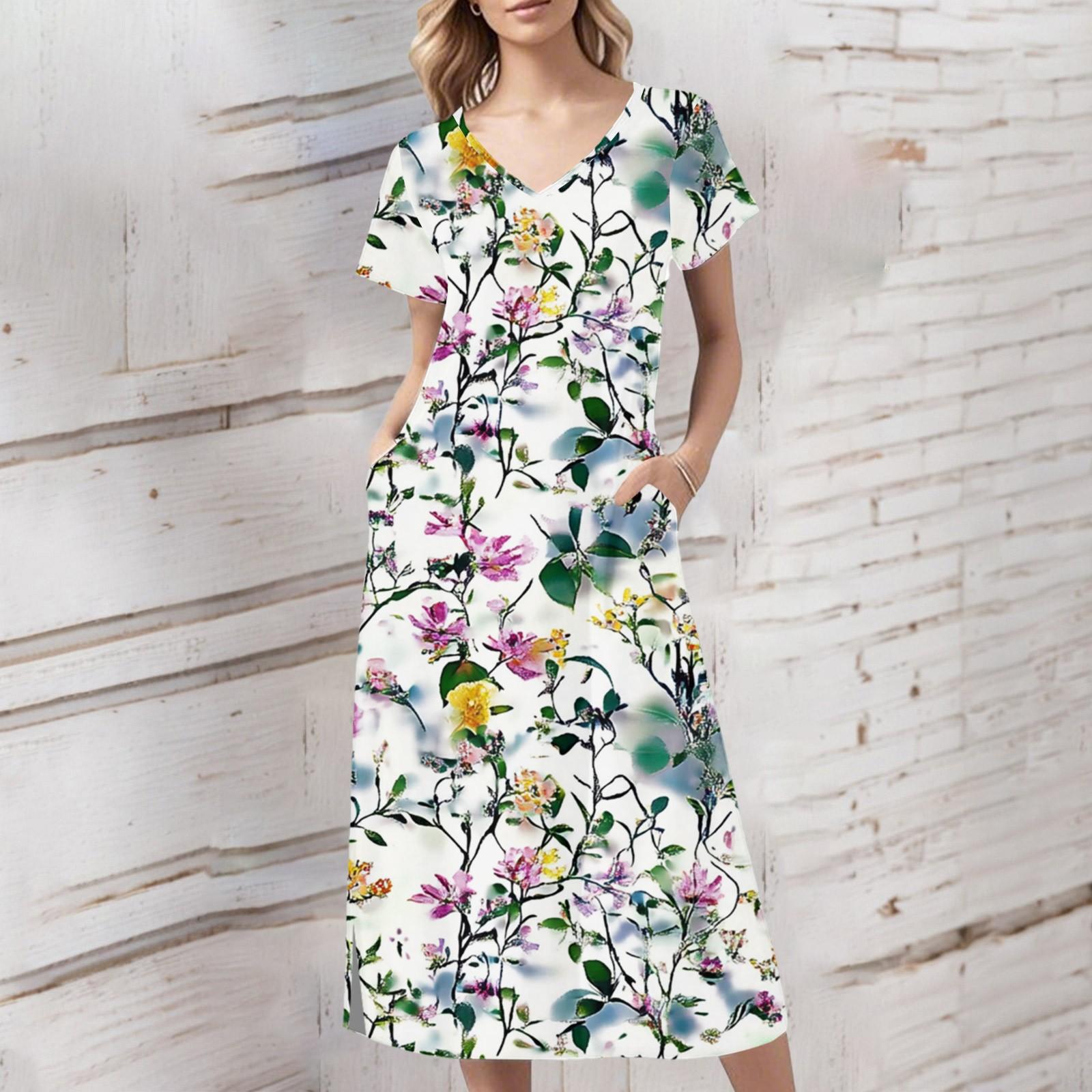 

Женское летнее платье с цветочным принтом, пляжное платье с коротким рукавом и карманами, повседневное платье с V-образным вырезом и разрезом сбоку XL белый