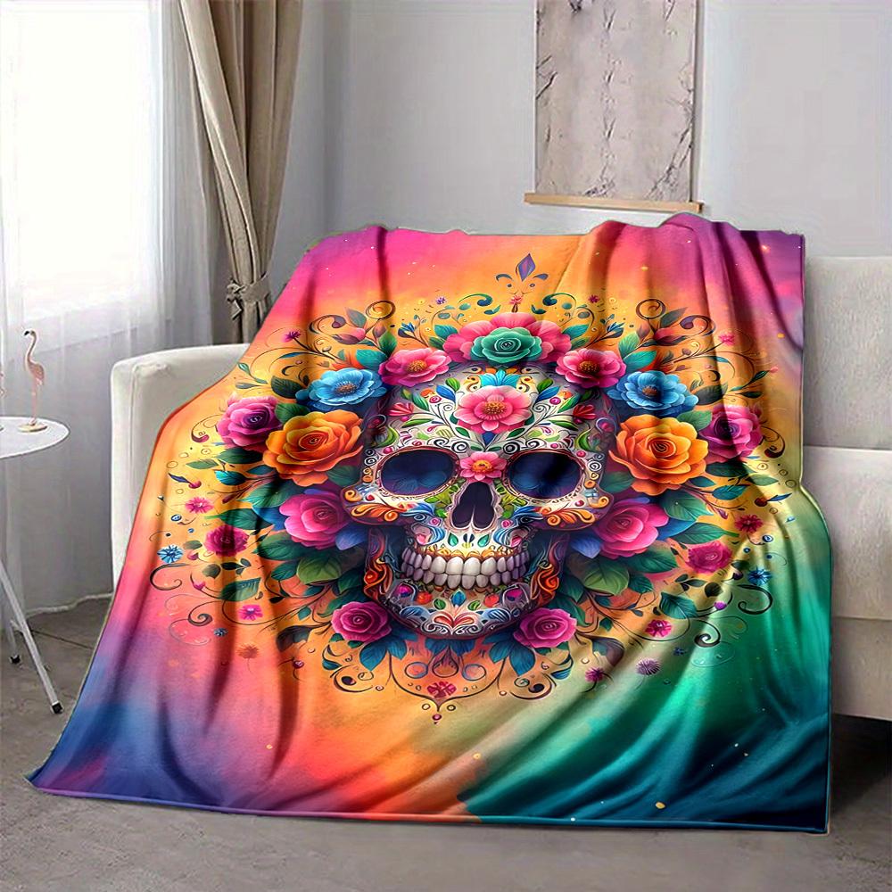 1pc Skull Artwork Soft & Warm Polyester Knit Blanket, Digital Printed, All-Season Throw for Napping, Traveling, Sofa yy250906027