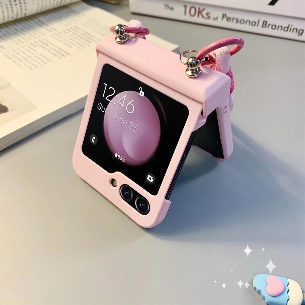 Fashion Simple Pink Love Portable Rope Chain Case for Samsung Galaxy Z Flip 5 Flip3 ZFlip4 Wrist Strap Shockproof Back Cover