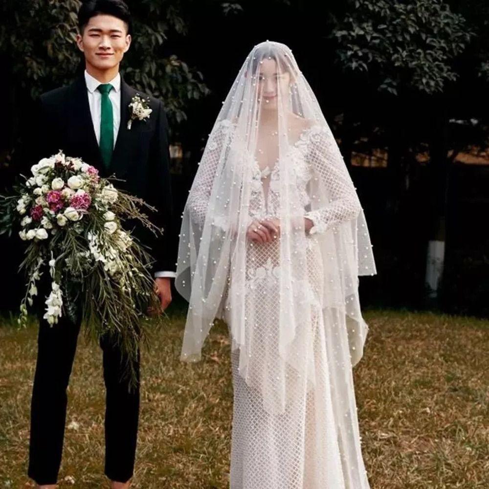 Elegant Wedding Veil White Cathedral Veil Bridal Accessory Pearls Veil  Wedding Ceremony