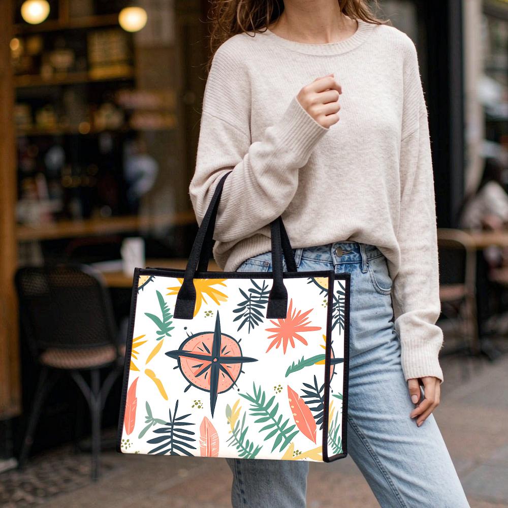 Boho Tropical Printed Canvas Tote Bag Casual Large Capacity Shoulder Handbag For Daily Shopping Travel