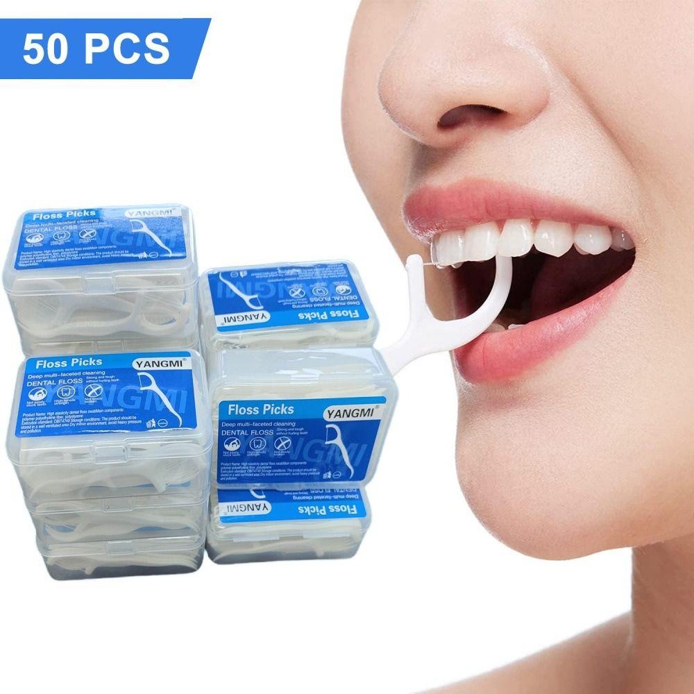 50Pcs/Box High Tensile Strength Dental Floss Carrying Case Toothpick Floss Stick  Oral Hygiene Care