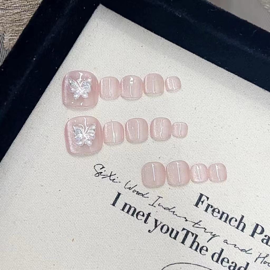 Pure Handmade Phototherapy Wear Nail Tablets Pink Butterfly Cat's Eye Foot Nail Wear Nail Finished Product Reusable Nail Patches