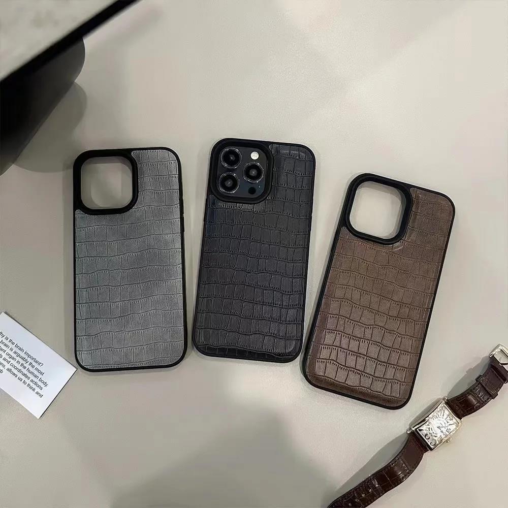 Fashion Cool Black Crocodile Pattern Leather Solid Color Phone Case For iPhone 11 12 13 14 15 Pro Max Shockproof Soft Cover Men