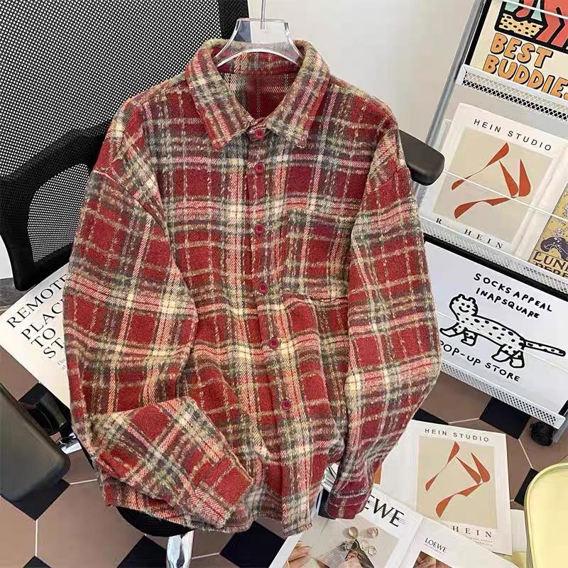 New retro woolen polished plaid shirt jacket women's lazy style loose casual versatile and thin lapel shirt