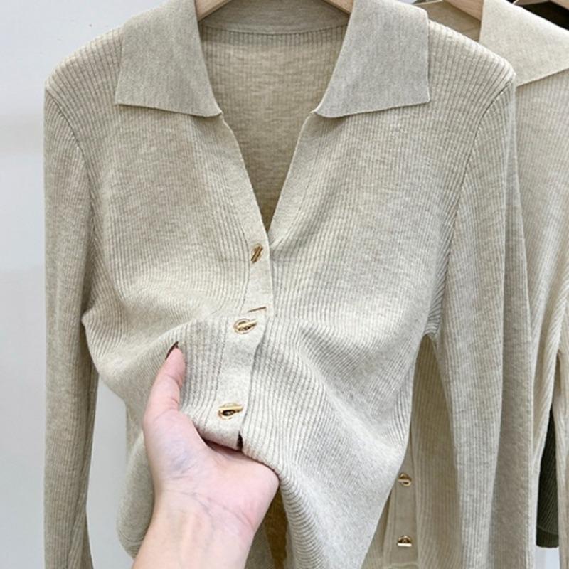 Women's Sweater V-neck Long Sleeved Knitted Sweater Autumn/winter Western-style Top Base Sweater