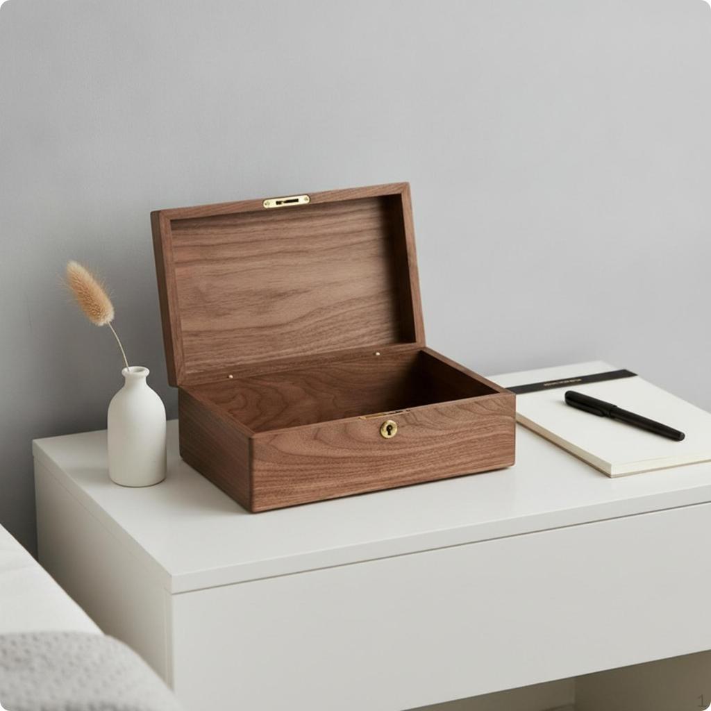 Desktop Storage Box Simple Wooden with Hinged Lid Rustic Walnut for Desk,