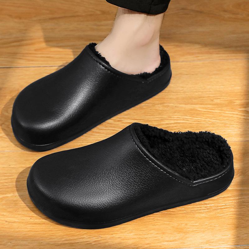 Men's Winter 2025 Non-Slip Waterproof Cotton Slippers: Leather & Fur, Thick Sole, Plus Velvet, Indoor.