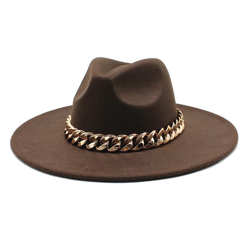 Wind Season Big Eaves Hat Thick Chain Flat Edge Top Hat Men'S And Women'S Woolen Jazz Hat Lmn177