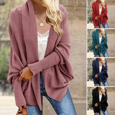 Women Cardigan Coat Collarless Batwing Long Sleeve Open Front Knitting Coat Elastic