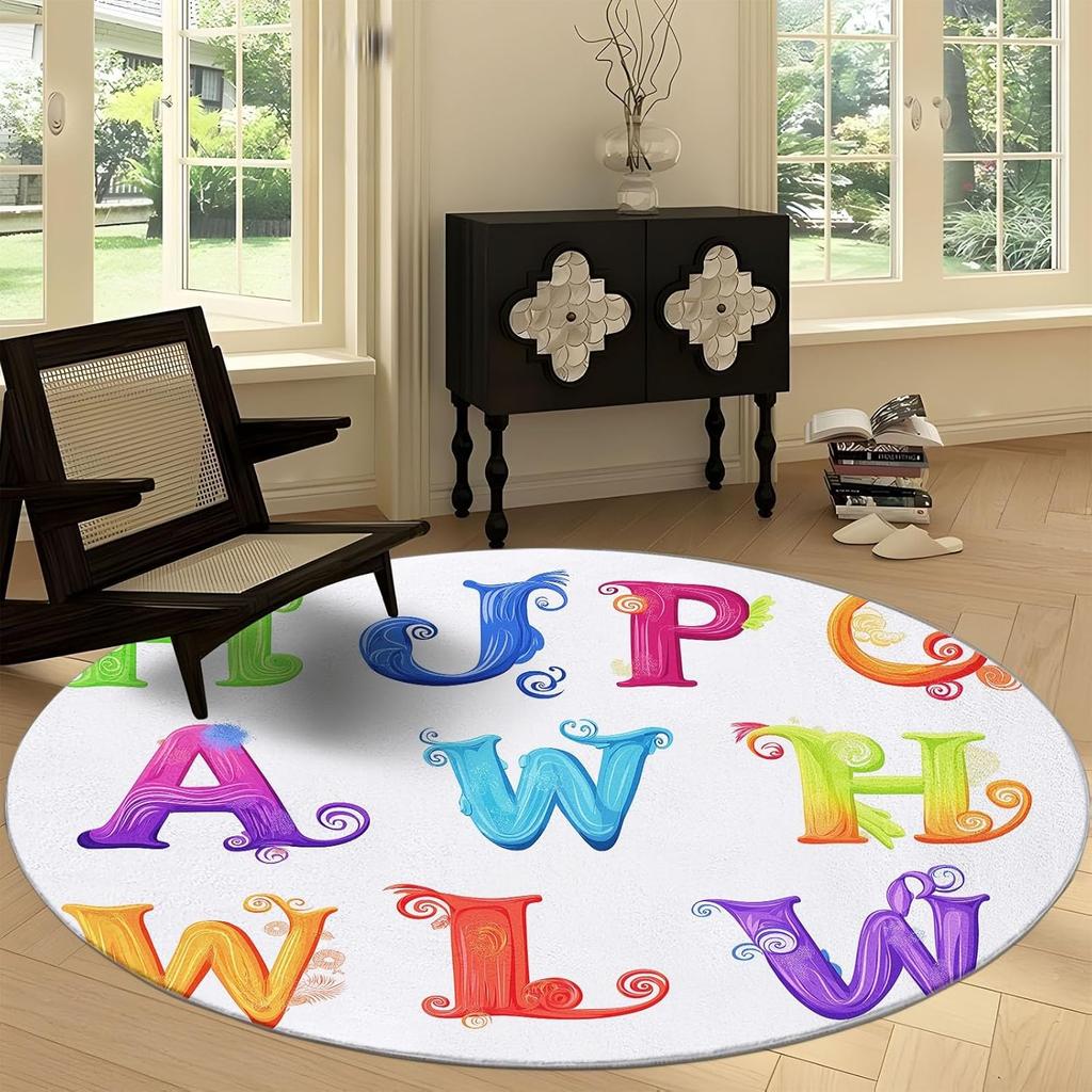 Modern Cartoon Letter Texture Print Round Area Rug,White Washable Carpet Runner - Non Slip Circle Rug Carpet Absorbent Mat for